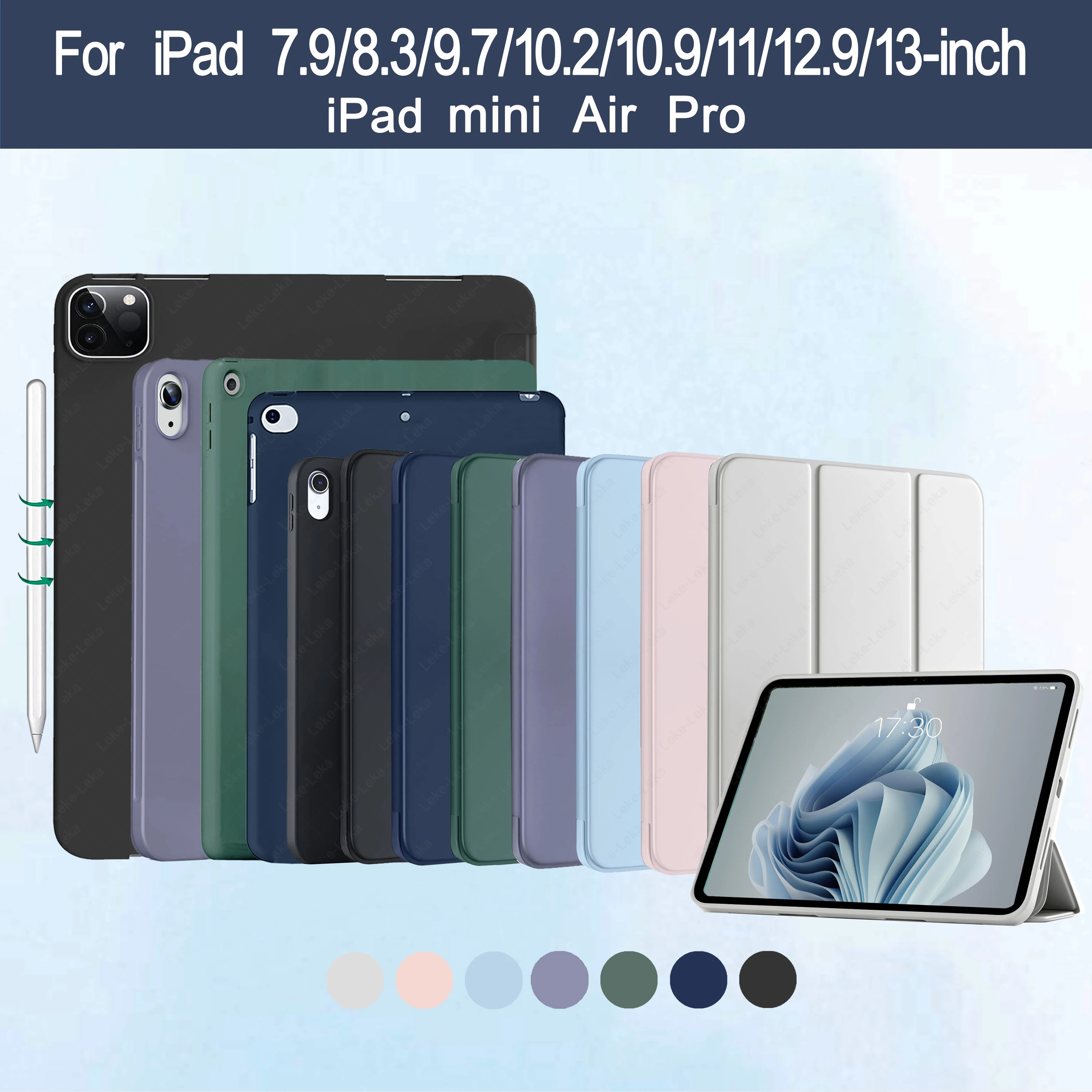 

For iPad Air mini Pro 10.9 11 9.7 10.2 8.3 12.9 13 11th 10th 9th Generation Trifold Stand Flip Smart Cover Soft Silicone Shell