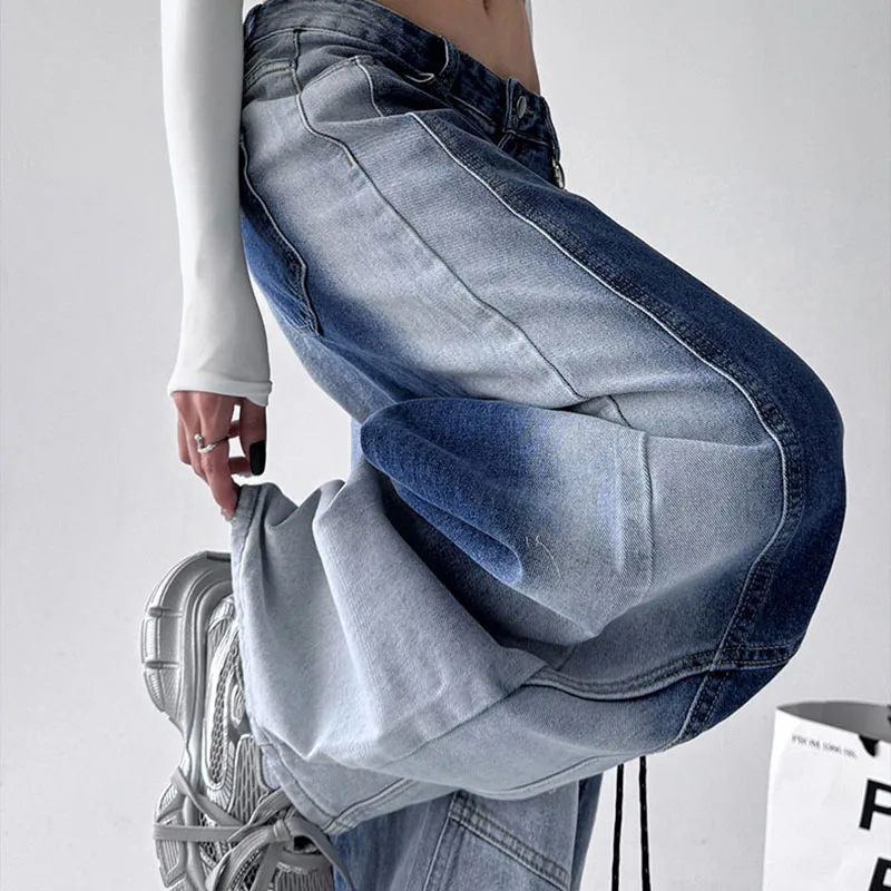 

America Vintage Fashion Style Women Denim Jeans High Waist Pocket Contrast Color Loose Wide Leg Pants Oversized Trousers