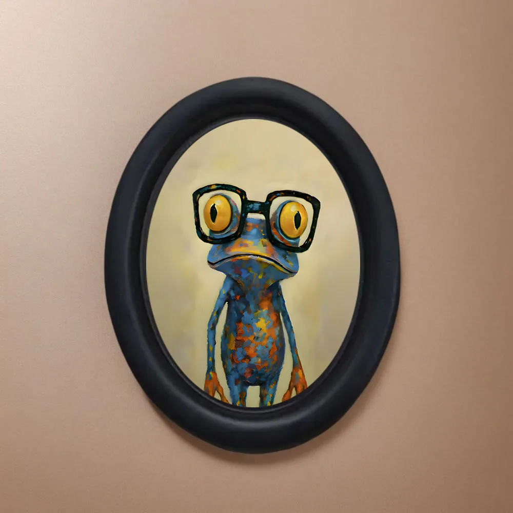 1 Piece of Trendy Frog-Patterned Wall Decoration, Black Oval Frame Decoration, Colorful Artistic Frog Element Painting, Fun Animal Wall Art, Suitable for Office/Bedroom, Exclusive Gift for Frog Enthusiasts