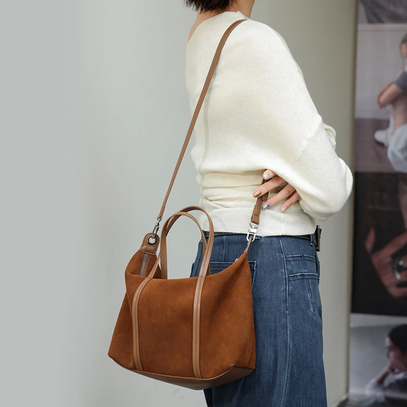 New Women's Genuine Suede Cowhide Tote Bag Luxury Designers Large Capacity Real Leather Handbag Removable Daily Crossbody Bag