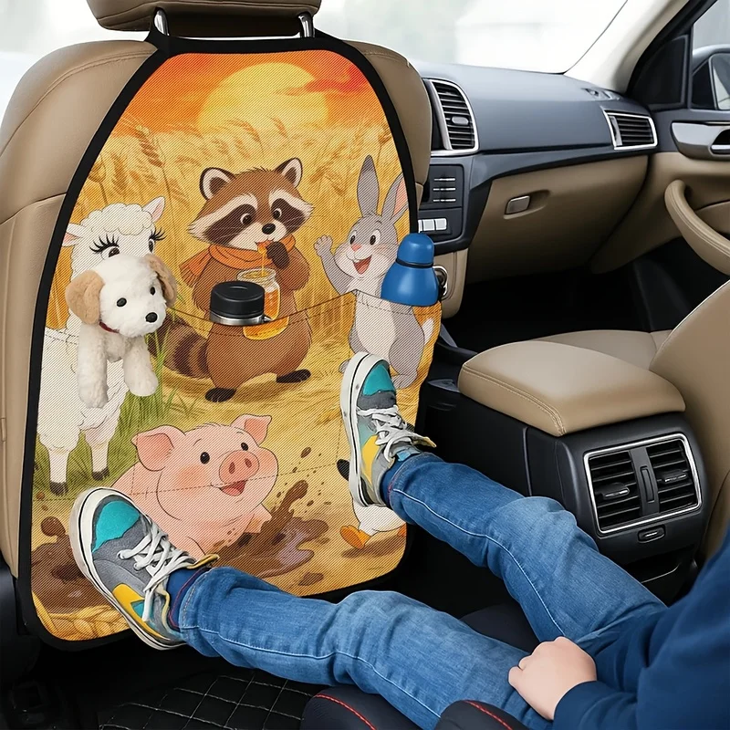 Car Seat Back Covers With Storage Pockets, Cute Cartoon Farm Animals Print For Car Interior