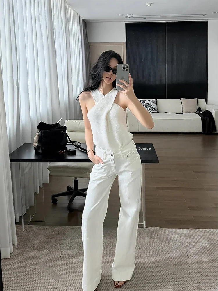 

Женские джинсы с высокой талией и широкими штанинами, белые, из денима, осенняя новинка, универсальные, прямого кроя, классические, в стиле преппи, модные, для женщин.