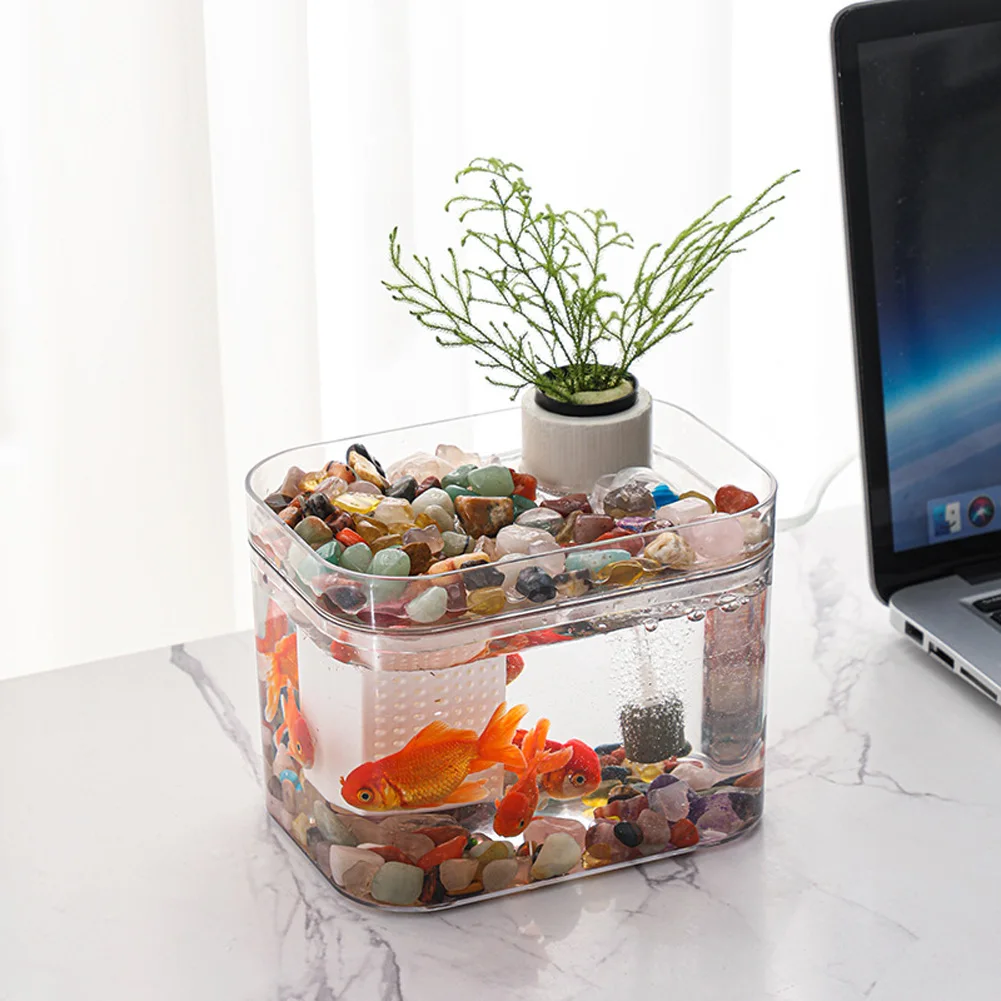 Caja de cría de peces para pecera, pequeños tanques de acuario ecológicos transparentes con bomba de aire USB para decoración de escritorio de oficina y sala de estar