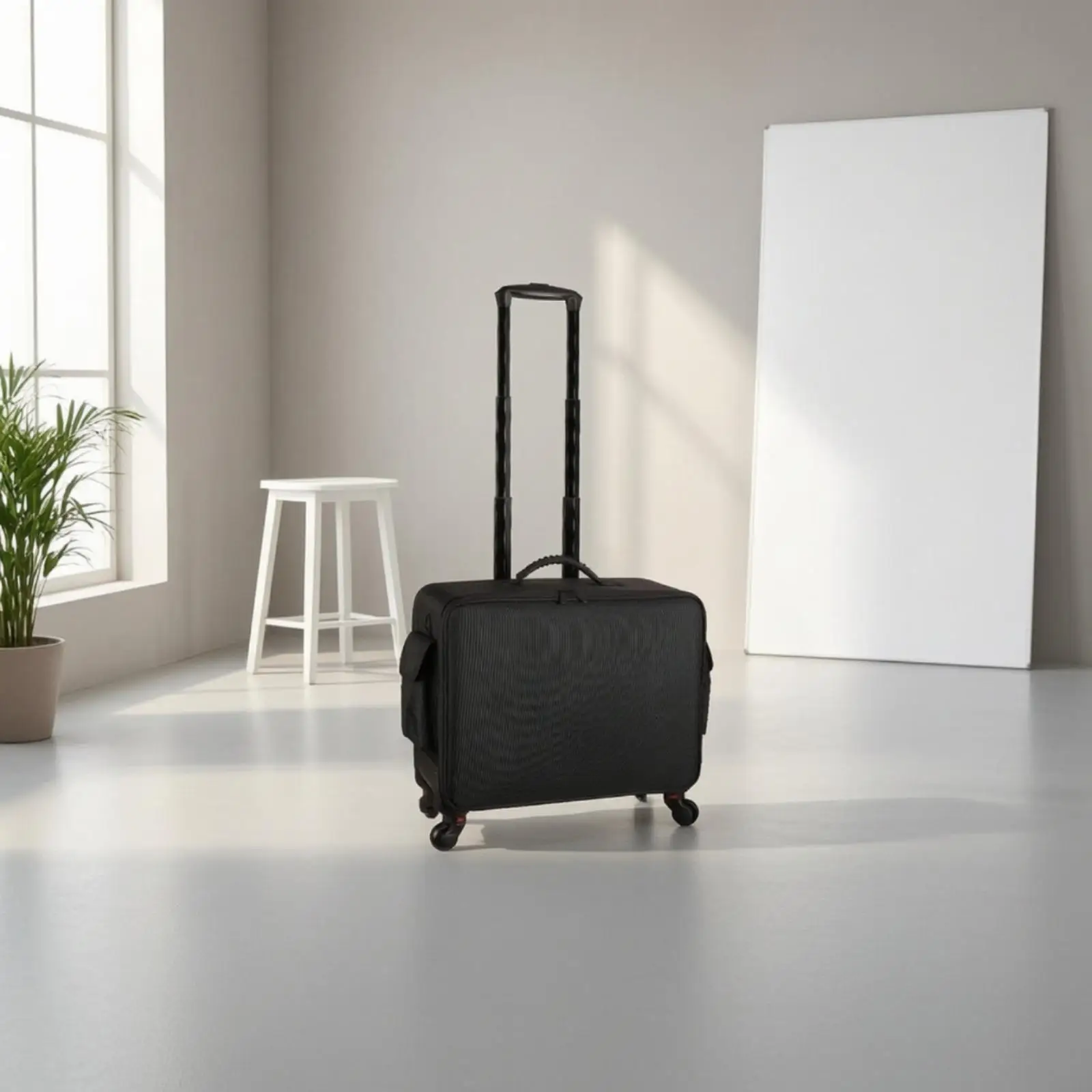 Professional Makeup Case on Wheels Black Rolling Organizer Bag with Adjustable Dividers for Cosmetologist Travel Storage
