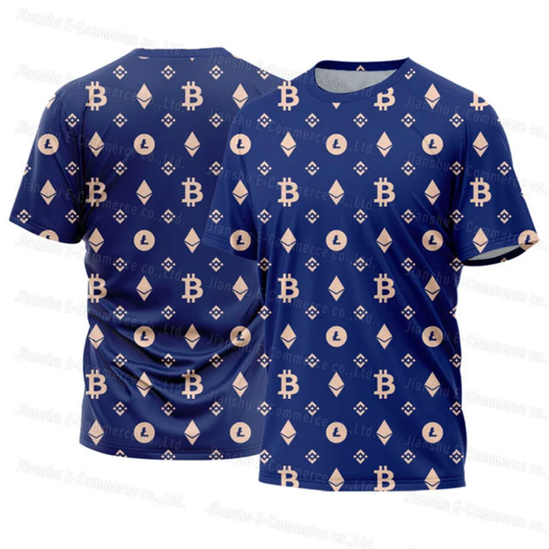 Camiseta gráfica Bitcoin masculina, roupa personalizada, férias, lazer, respirável, manga curta, blusa com o pescoço, moda verão