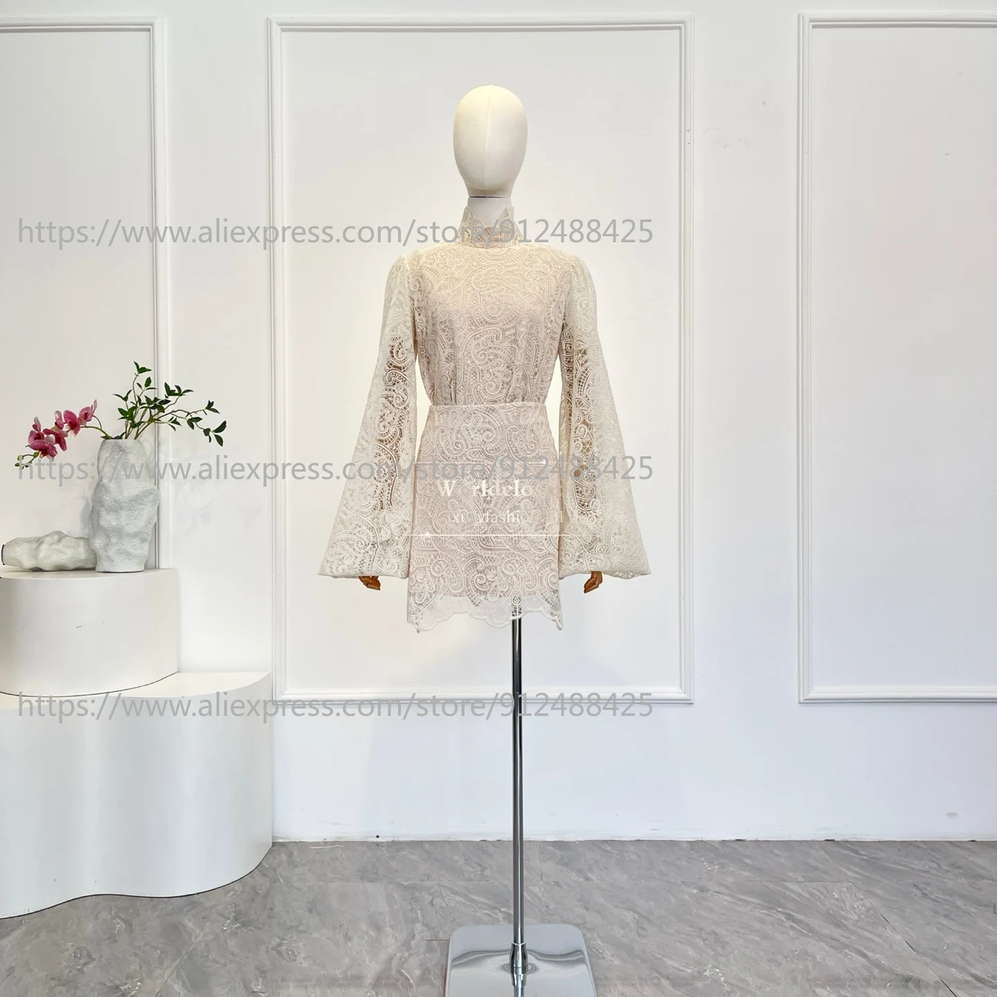 

2026 High Quality White Cream Colored Intricate Lace Embroidery Long Sleeve Blouse Tops and Mini Skirt Set