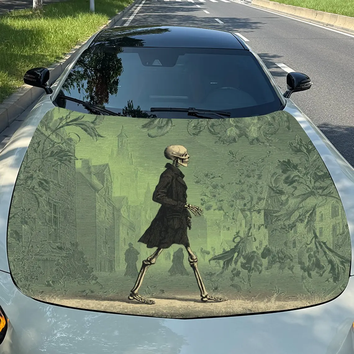 Car Decals Figure in Green Scene Design with a Person Walking Amid a Green Background, Exuding a Serene and Artistic Aura Car Ho
