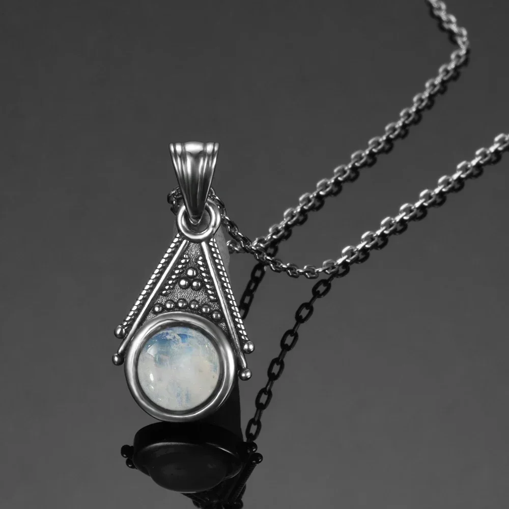 Natural Moonstone Pendant Necklace for Women S925 Silver Fine Jewelry Gift Classic Vintage Silver Chain