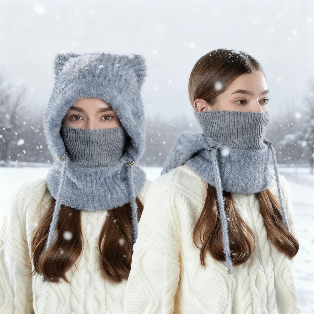 Trendy Soft Knitted Cat Ear Balaclava with Adjustable Drawstrings Plush Lining Metal Fasteners for Winter Warmth Fashion Style