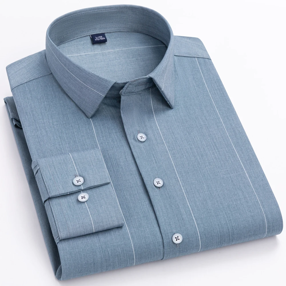 Men's Regular Fit Stretch Bamboo Fiber Long Sleeve Shirt Soft Comfortable Classic Striped Breathable Easy Care Wrinkle Resistant