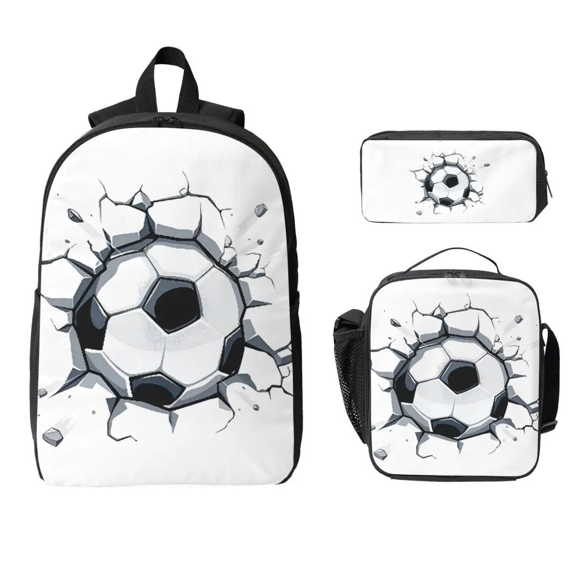 Soccer Ball 3d Art Drawing Worldcup Football Game Sports Backpack BookBag School Bag 3ps Insulated Lunch Bag Pencil Case