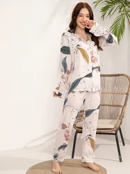 Plus Size S-3XL  Long Sleeved Pants Pajamas Loose Viscose Home Clothing Printed Cardigan Women Pajamas Set Sleepwear Nightwear