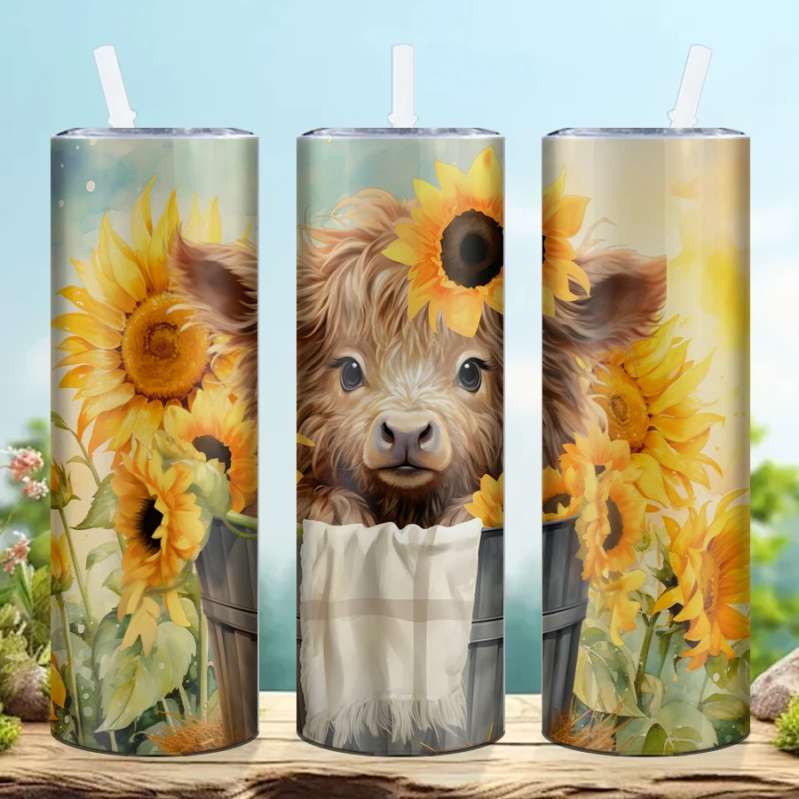 1pc 20oz Sunflower And Cow Sublimation Stainless Steel Water Tumblers With Lid&Straw Insulated Straight Cups Gift For Friend