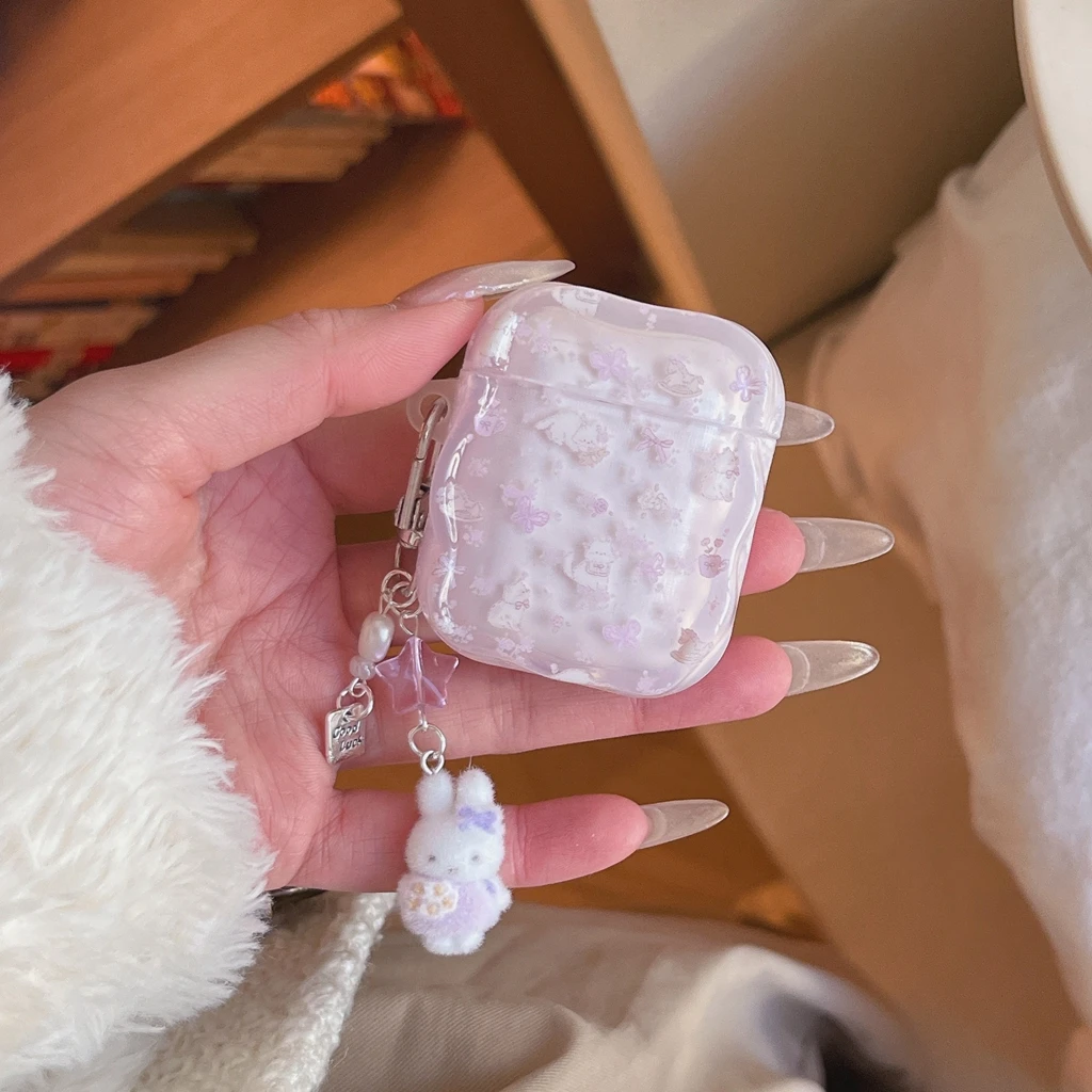 Cartoon Healing Sweet Fresh Little Flower Rabbit Wavy Edge With Pendant Earphone Case Cover for AirPods 1 or 2 3 4 Pro 2 Pro 3 - view 4