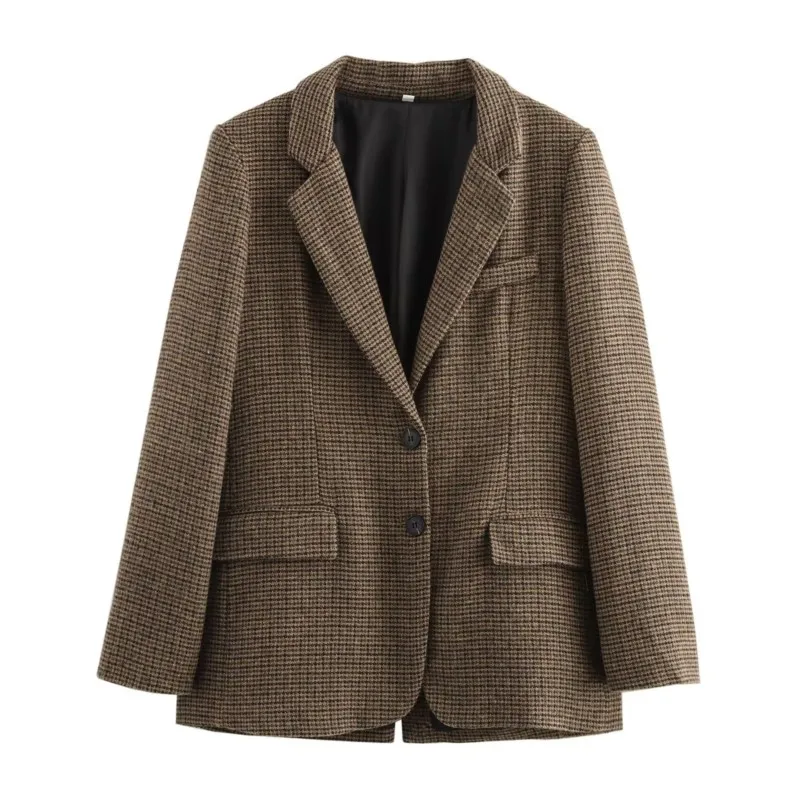 TRAF Plaid Blazer Women Autumn Office Lady Button Pocket Decoration wool blend Blazer Female Chic Outwear Female Blazers