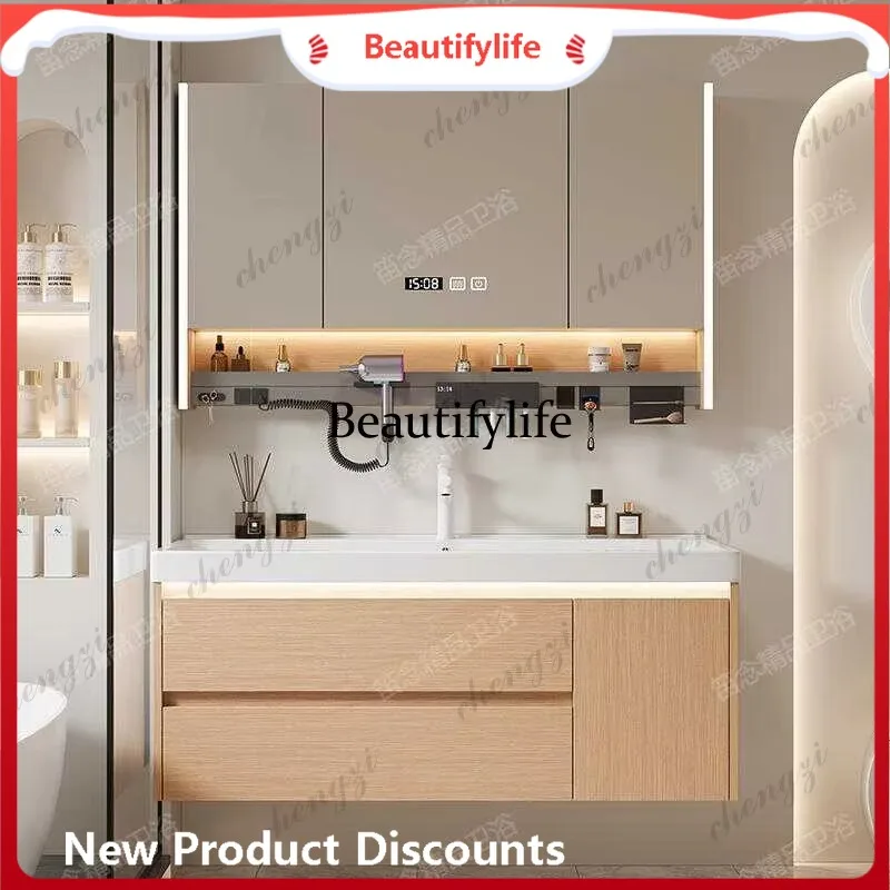 E182 Simple log wind enlarged integrated ceramic ocean basin bathroom cabinet combination, smart mirror washstand