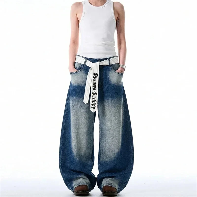 Y2K Men's Color Block Jeans Ribbon Tie Wide Leg Baggy Faded Wash Streetwear Casual Letter Printting Denim Pants
