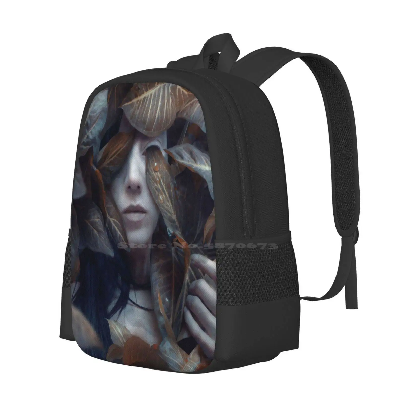 Hydroponic 3D Print Design Backpack Student Bag Face Portrait Garden Nature Autumn Sadness Tears Emotion Hand Black Hair Woman