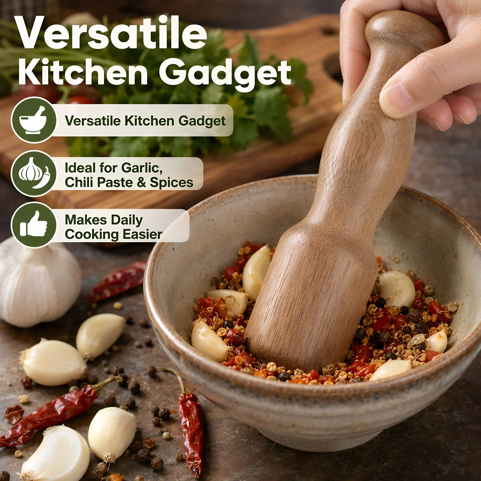 Wooden Pestle Grinder Wood Tamper Fermentation Tool Ergonomic Garlic Pounder Kitchen Muddling Stick Manual Fermentation Tamper