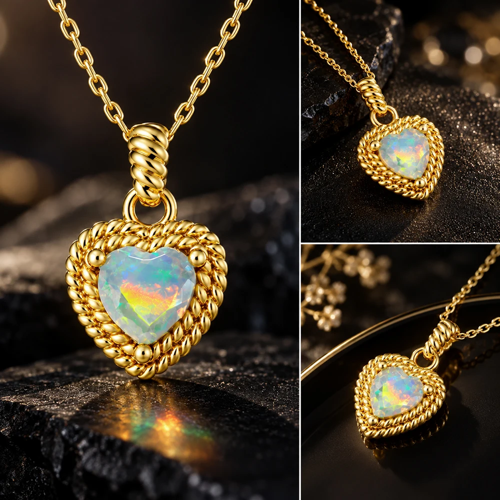 GP 925 Sterling Silver Heart Opal Necklace for Women Twisted Rope Frame Natural Opal Jewelry October Birthstone Gift For Women