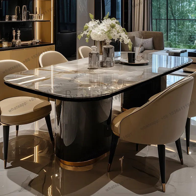 YJ light luxury microcrystalline stone dining table high-end living room household large solid wood dining table
