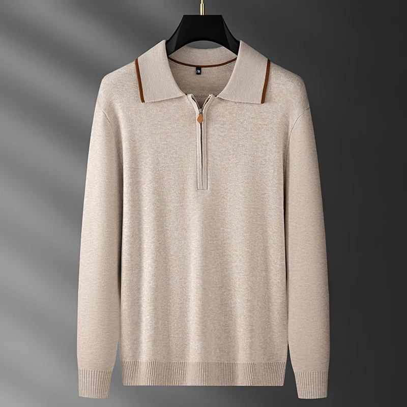 Light Luxury Autumn Italian-Style Relaxed Old Money Style Men's Knitted Wool and Silk Long-Sleeve Sweater with a Turn-Down Collar and Half-Zip
