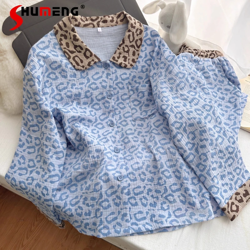 الفتيات الراقية الأزرق ليوبارد طباعة النوم مجموعة القطن الشاش الخريف منامة المرأة طويلة الأكمام اليابانية يمكن ارتداؤها ملابس المنزل الدعاوى