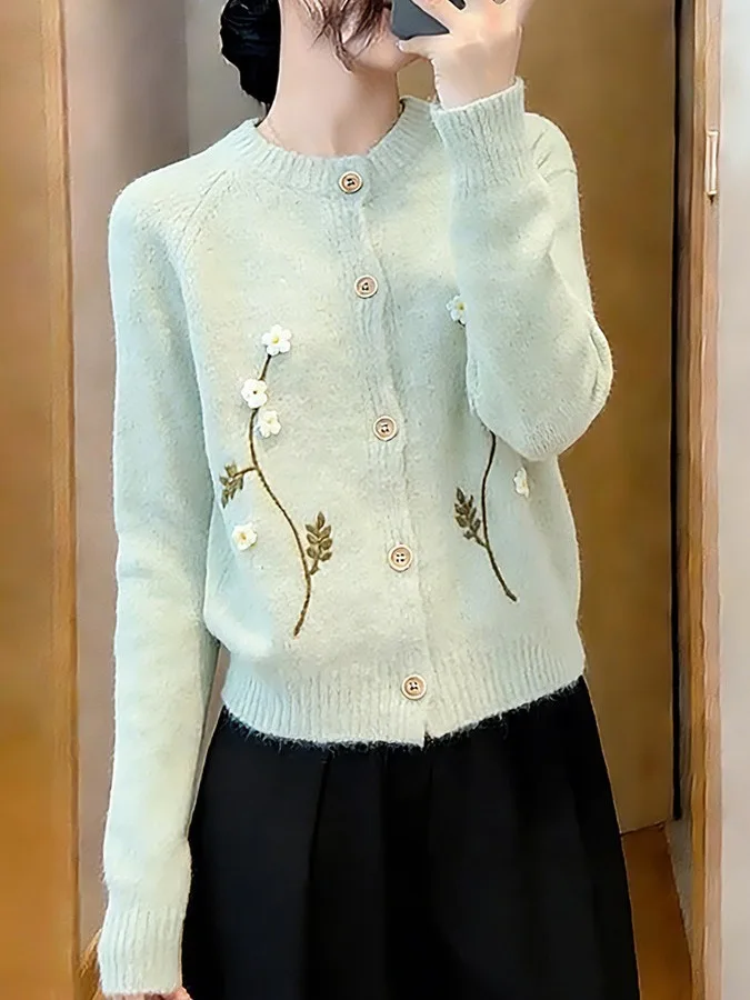Ladies Korean Style Loose Knitted Long Sleeve round Neck Sweater Cardigan Embroidered Flower Slimming Outerwear Casual Top