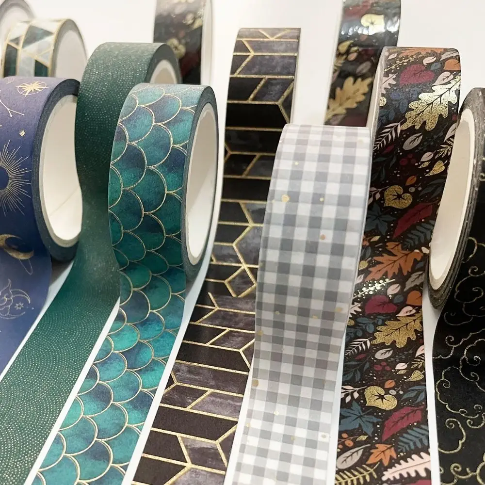 2PCS 15mm Width Washi Tape 7m Length Geometric Pattern Arts Crafts Tape Gold Stamping Plaid Pattern Scrapbooking Tape