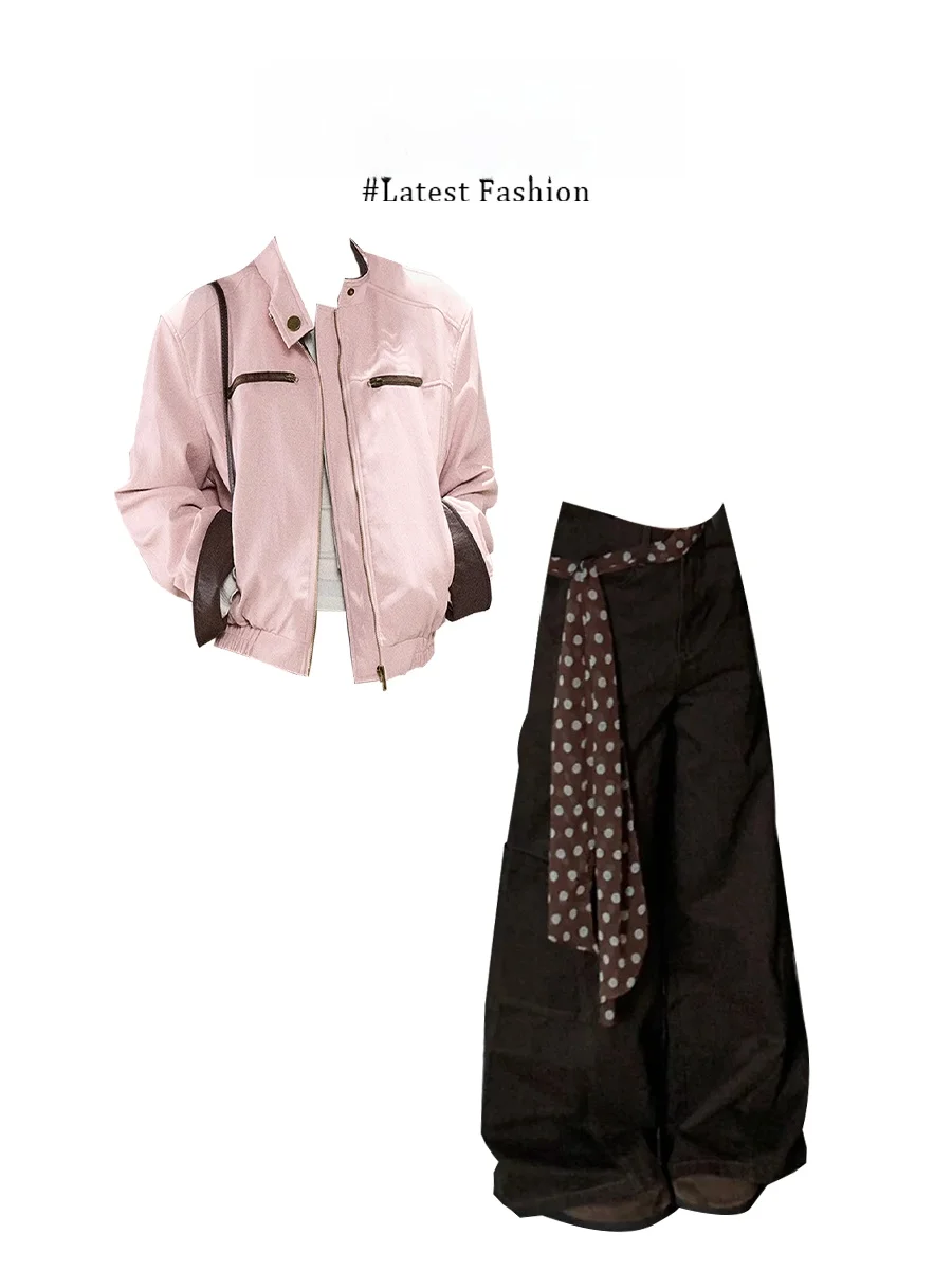 

Korean Style Color Block Long Sleeve Jacket And Wide Leg Pants Women's Fashion Set Early Autumn Breathable Thickened Zipper