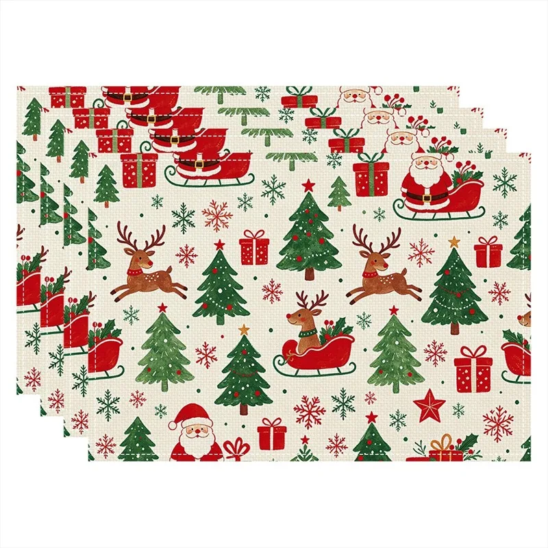 VIKAMA Linen Placemats Santa Sleigh Reindeer, Red Cream Green, Stain Resistant Easy to Clean, Dining Table Christmas
