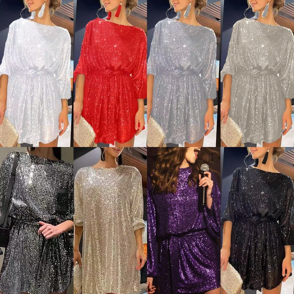 Sequins Sequined Gown with Round Neck Loose Fit Maxi Length Elegant Fairy Skirt Silhouette Casual Autumn Women Casual Dresses