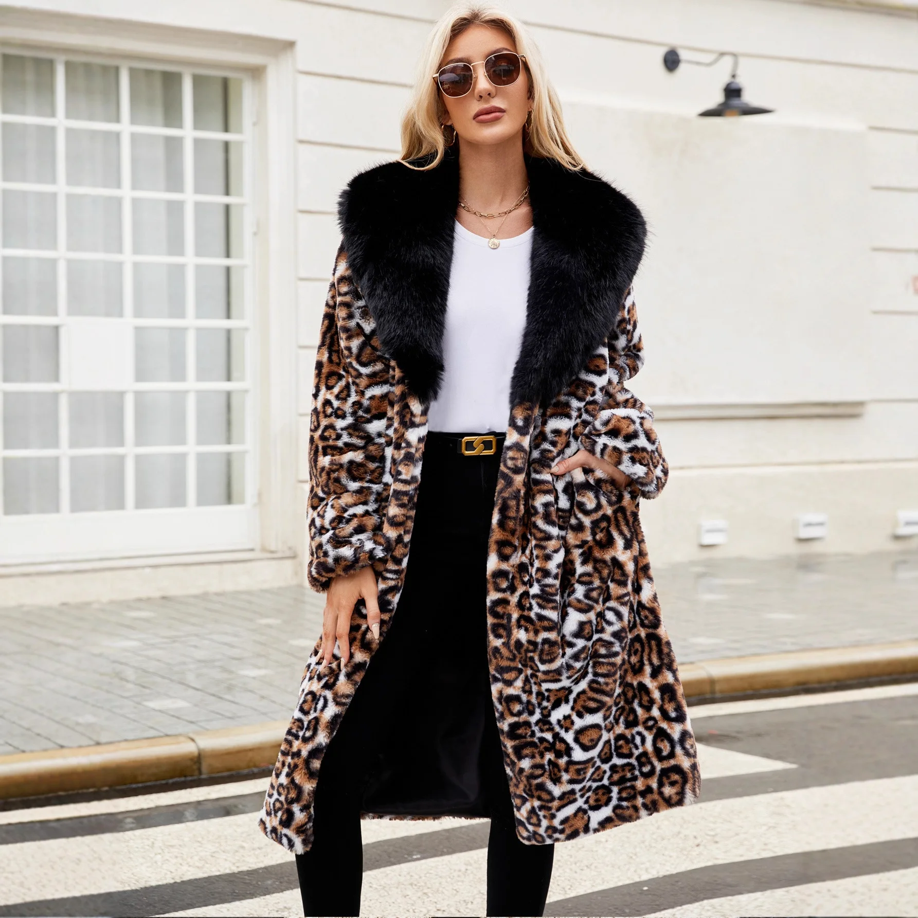 Women Faux Fur Coats Long Jackets Turn Down Collar Leopard Print Coat Thick Warm Y2k Streetwear Jacket Outerwear Autumn Winter