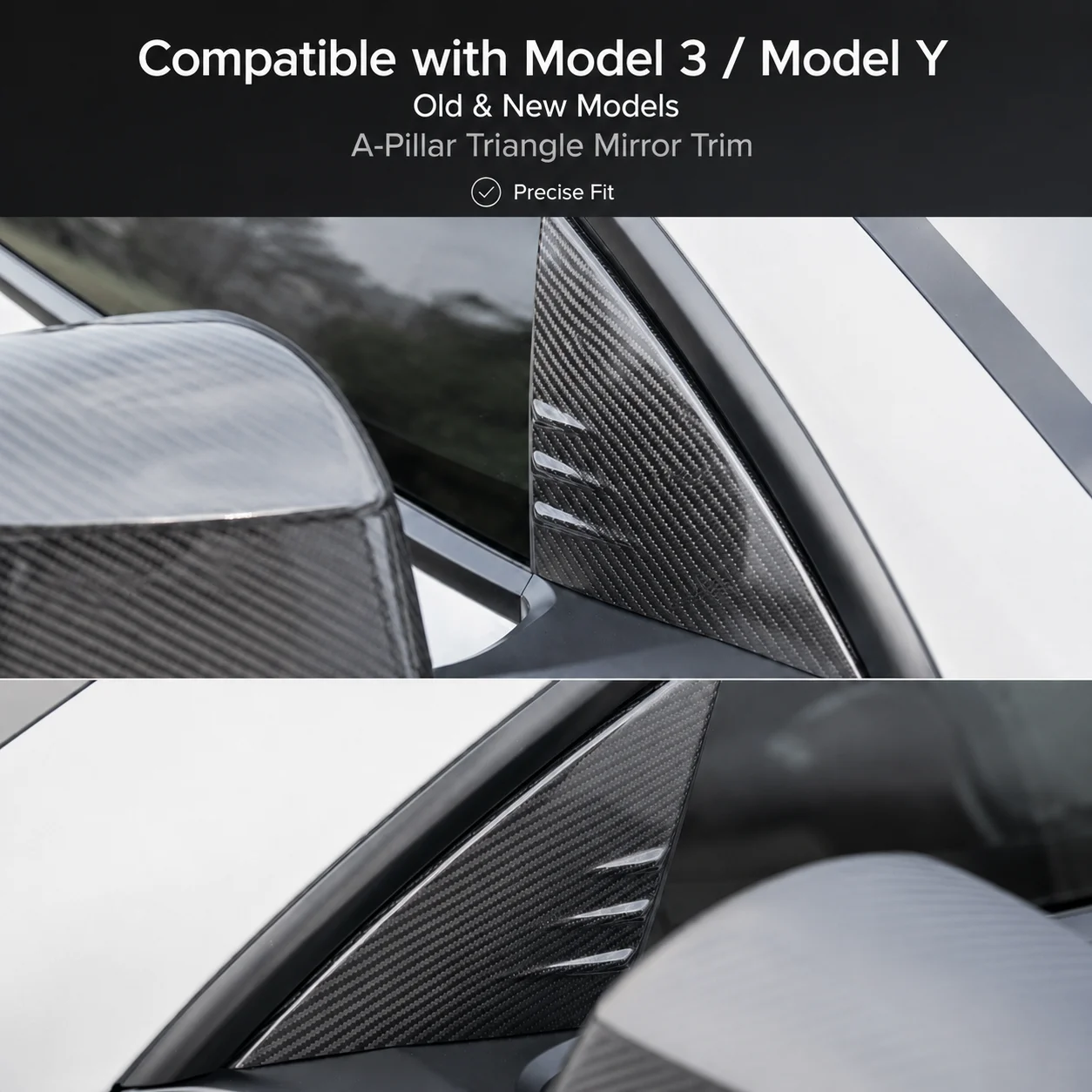 Dry carbon fiber A-pillar triangular mirror trim covers for Tesla Model 3 2017+/Model Y 2020+ interiors, glossy/matte finish.