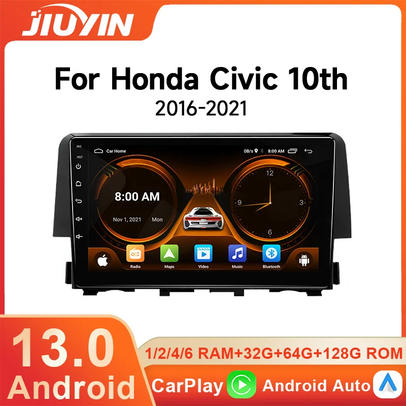 JIUYIN Android 13 Car Multimedia DSP For Honda Civic 10th 2016-2021 Radio Video Navigation Stereo Head Unit IPS Screen Carplay