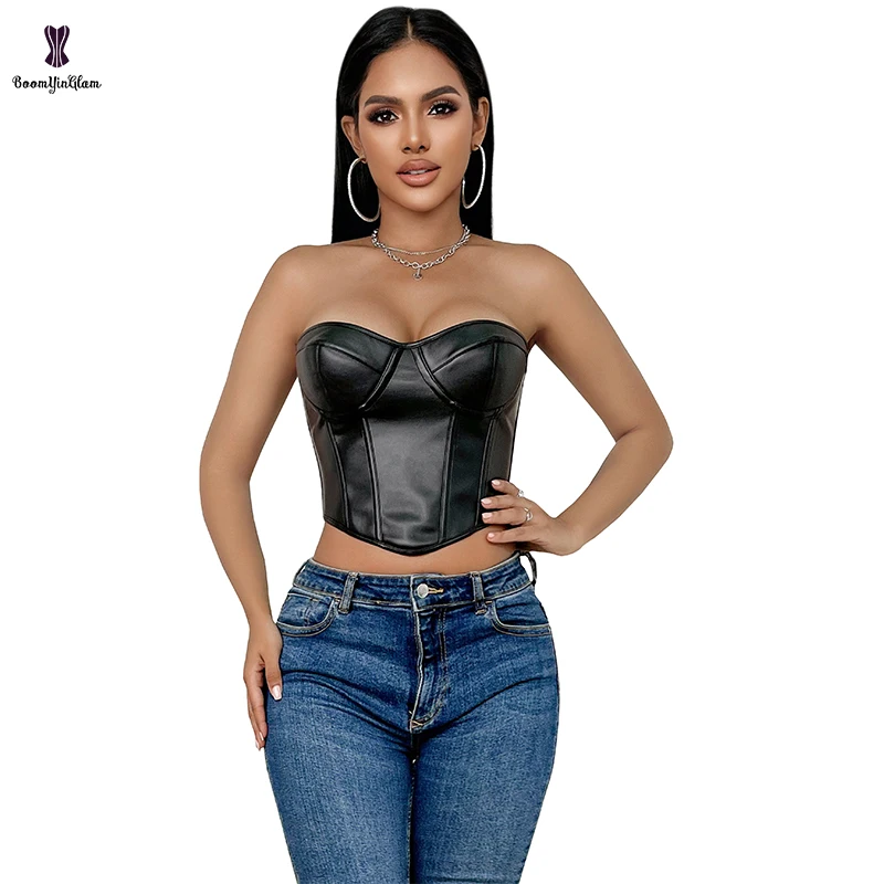 Plus Size S-xxxl Ladies Fashion Strapless Padded Bra Summer Women Clothes Vest Tank Leather Corset Crop Top