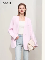 Amii Minimalism 2024 Women's Blazer Summer New Solid V-neck Loose Mid-length Long-sleeved Office Lady Basics Lady Coats 12451092