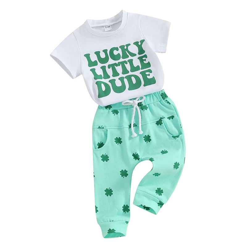 St Patricks Day Toddler Boy Girl Outfit Baby Irish Clothes Letter Print Short Sleeve T-Shirt with Shamrock Pant Set