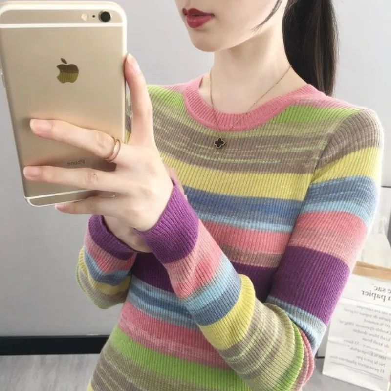 Women\'s Spring Autumn Fashion Round Neck Pullover Stripe Contrast Color Casual Versatile Long Sleeve Slim Fit Sweater Knit Tops