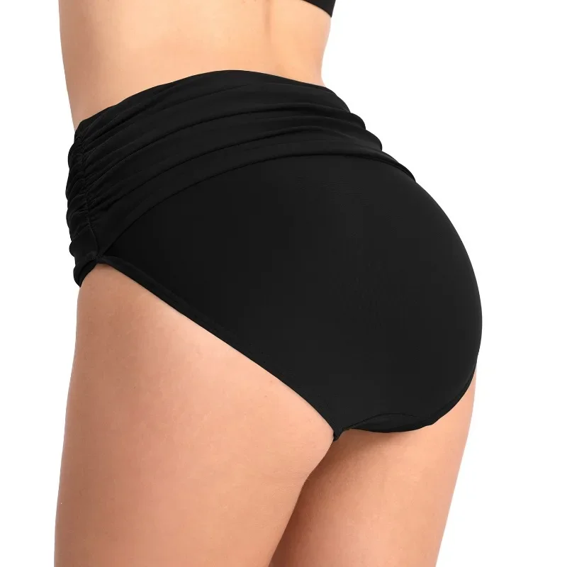 Women Summer Swimming Shorts High Waist Elastic Folds Swimming Briefs Slim Solid Color Bathing Suits New Removable Cups Swimwear