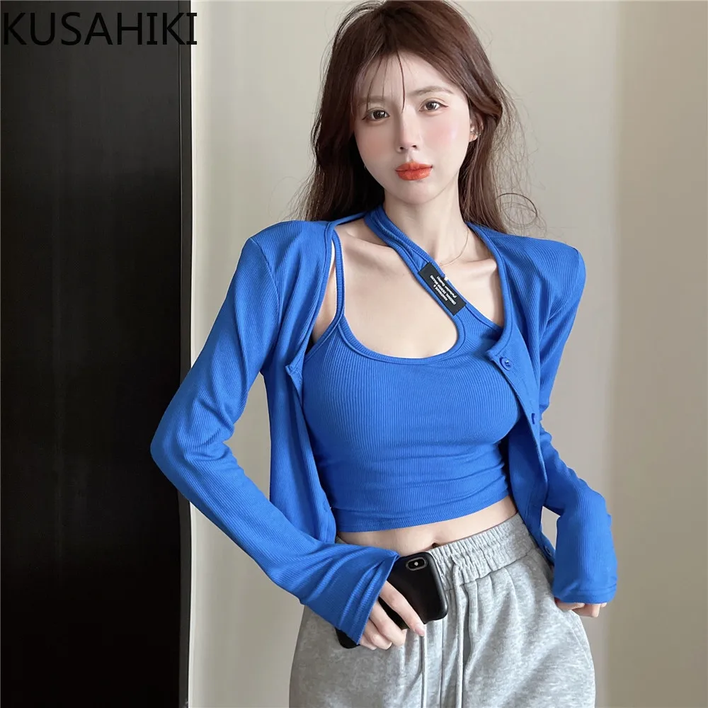 KUSAHIKI Spicy Girl Sexy Skew Collar Halter Vest Slim Two Pieces Sets Women Autumn Long Sleeve O-neck Cardigan Shirt Coat 2023