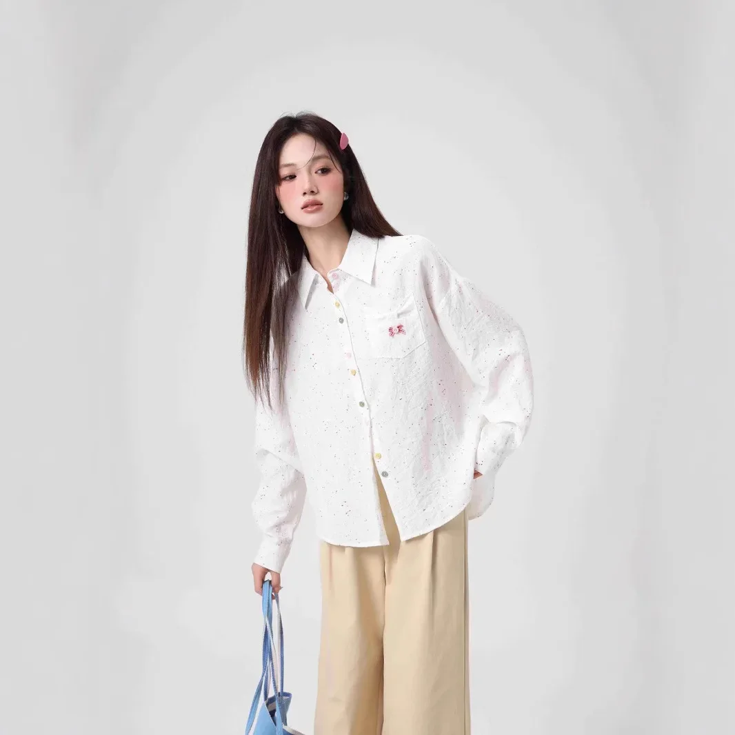 

Loose and thin long-sleeved embroidered shirt for women, new Korean version of versatile shirt temperament age-reducing shirt