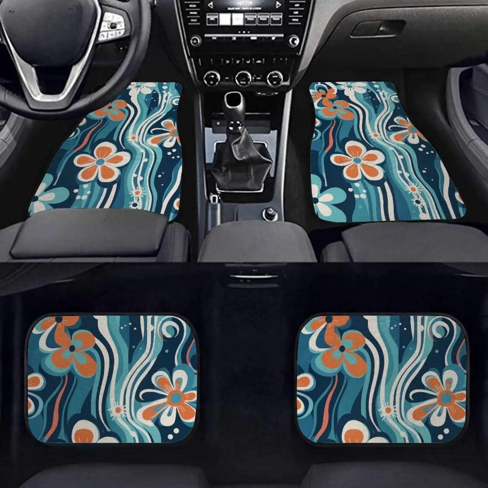 Dark Green Flower Car Carpet Mats, Premium 4PC Set of Carpet Car Floor Mats Fit for SUV,Vans,Sedans,Trucks