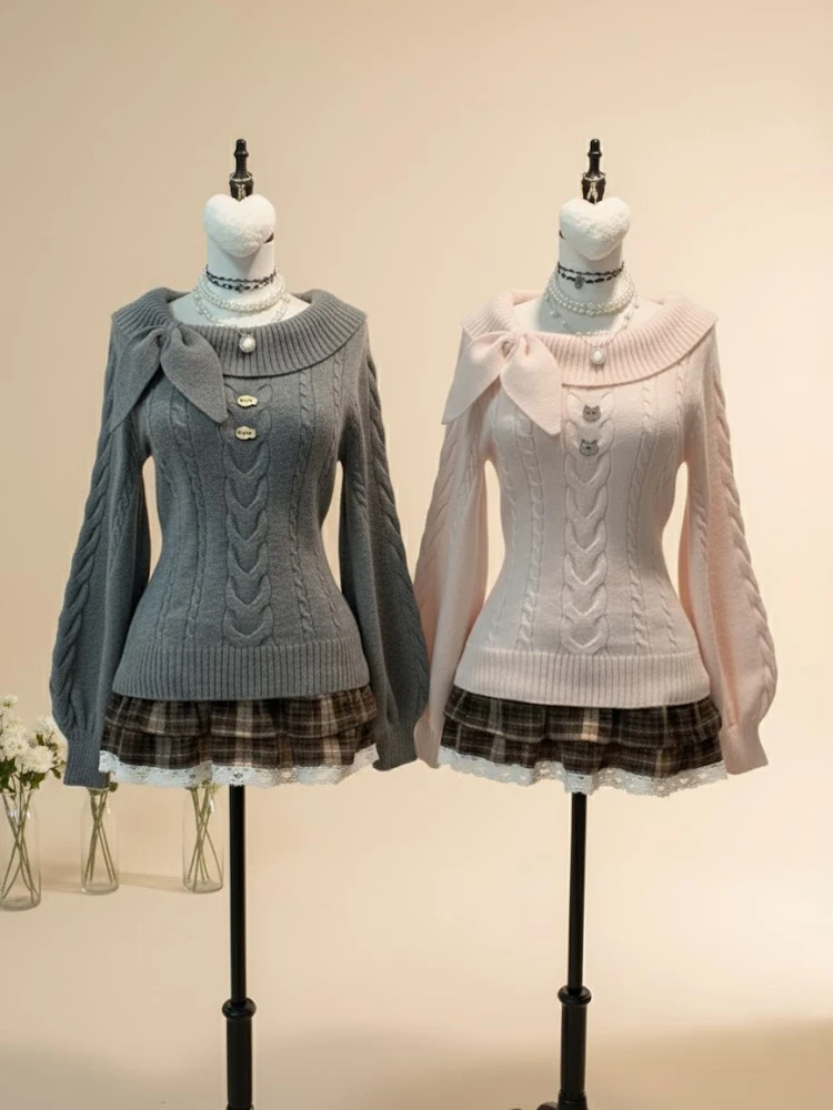 

Японский вязаный пуловер Y2K для женщин, повседневный, с длинным рукавом, однотонный, с вырезом на шее, осень 2025, винтажная одежда в стиле кавайи