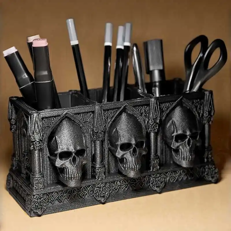 New Skull Pen Holder Makeup Brush Holder 3D Printed Skull Planter Gothic Resin Bowl Desktop Organizer Home Office Small Figurine