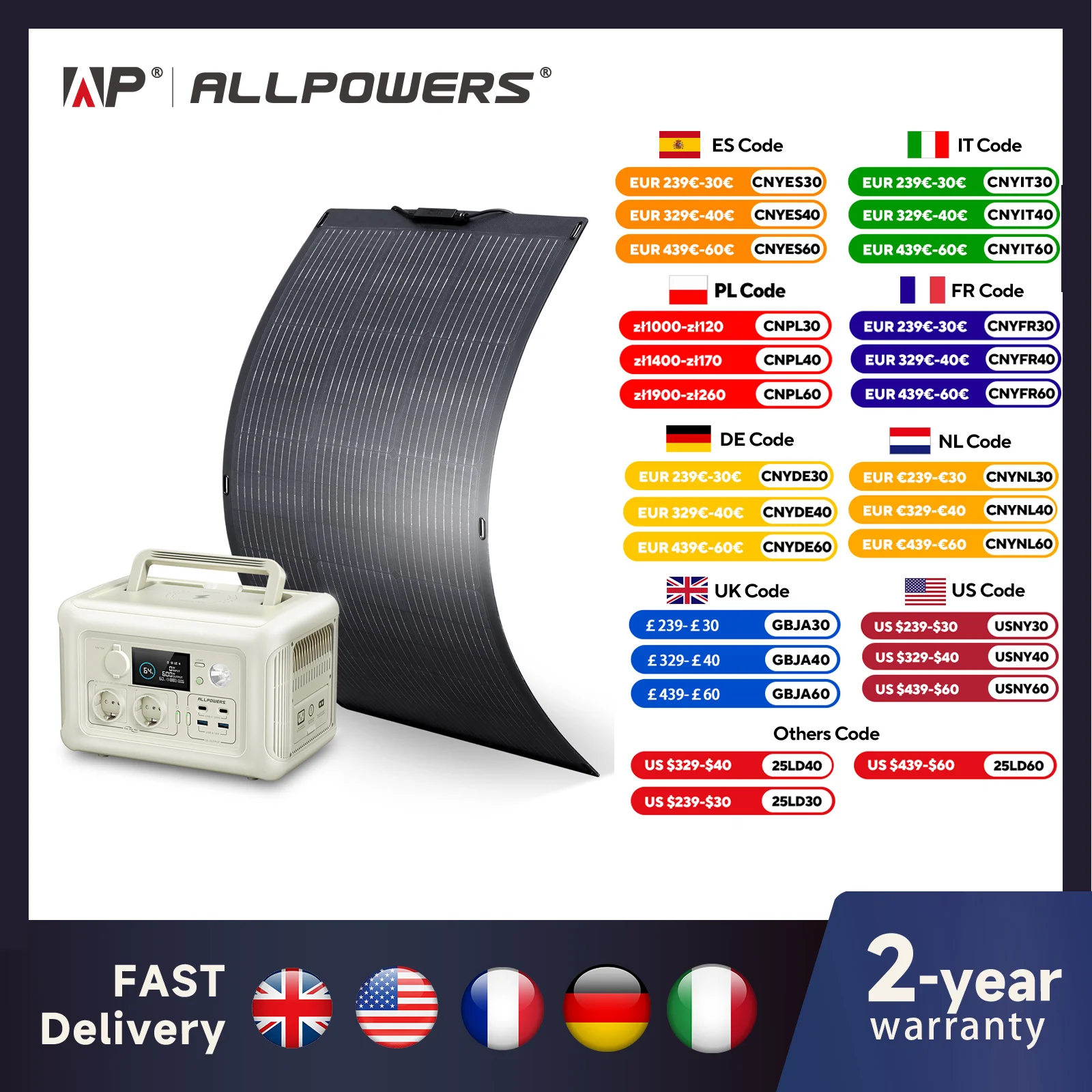 ALLPOWERS Solar Panel 200 / 100Watt High-Efficiency Monocrystalline PV Module Power Charger with Powerstation 600W Power Supply