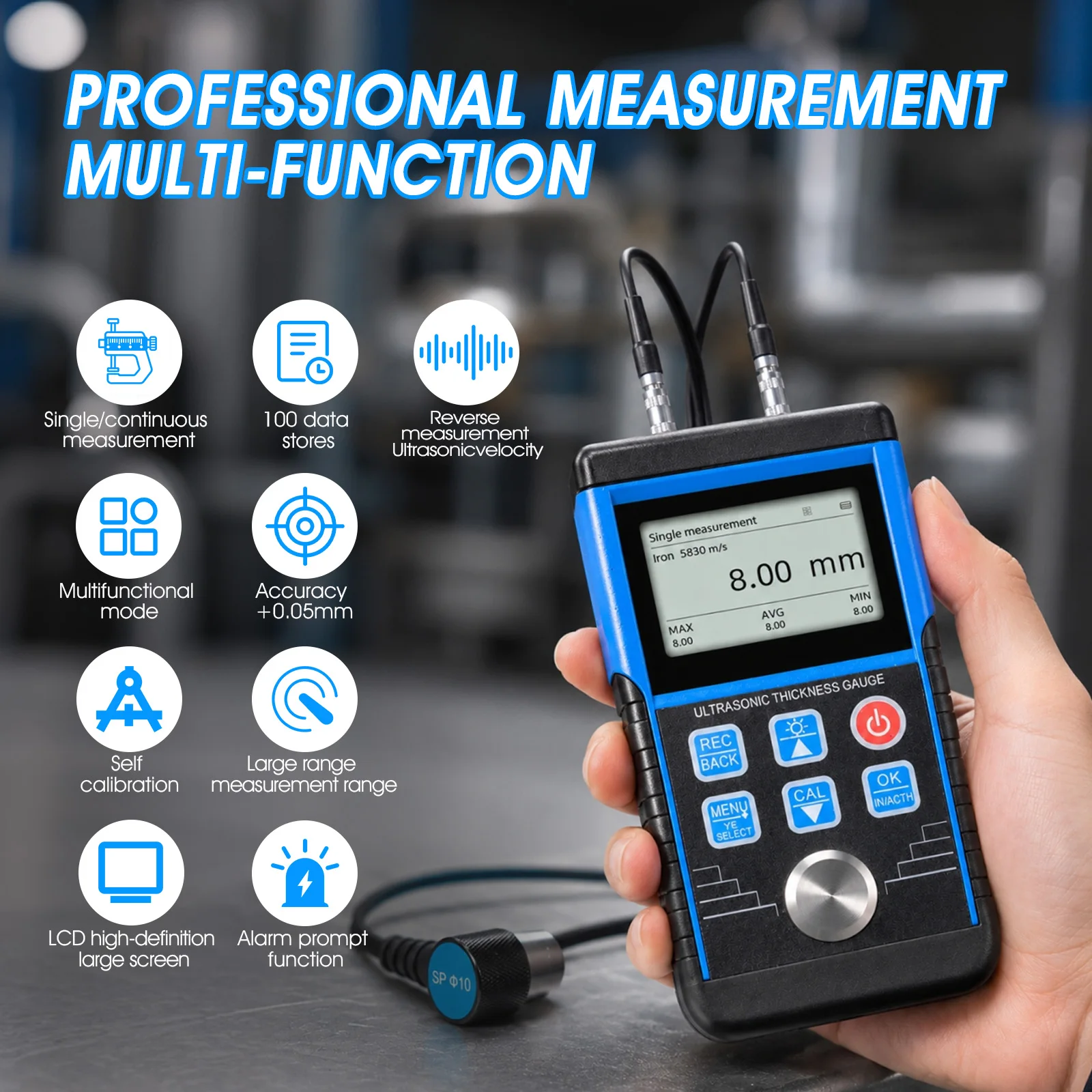 Ultrasonic Thickness Gauge 0.8-500mm, High Accuracy ±0.05mm, Thickness Gauge with 5MHz Probe (φ10mm), Resolution 0.01mm, MAX/AVG