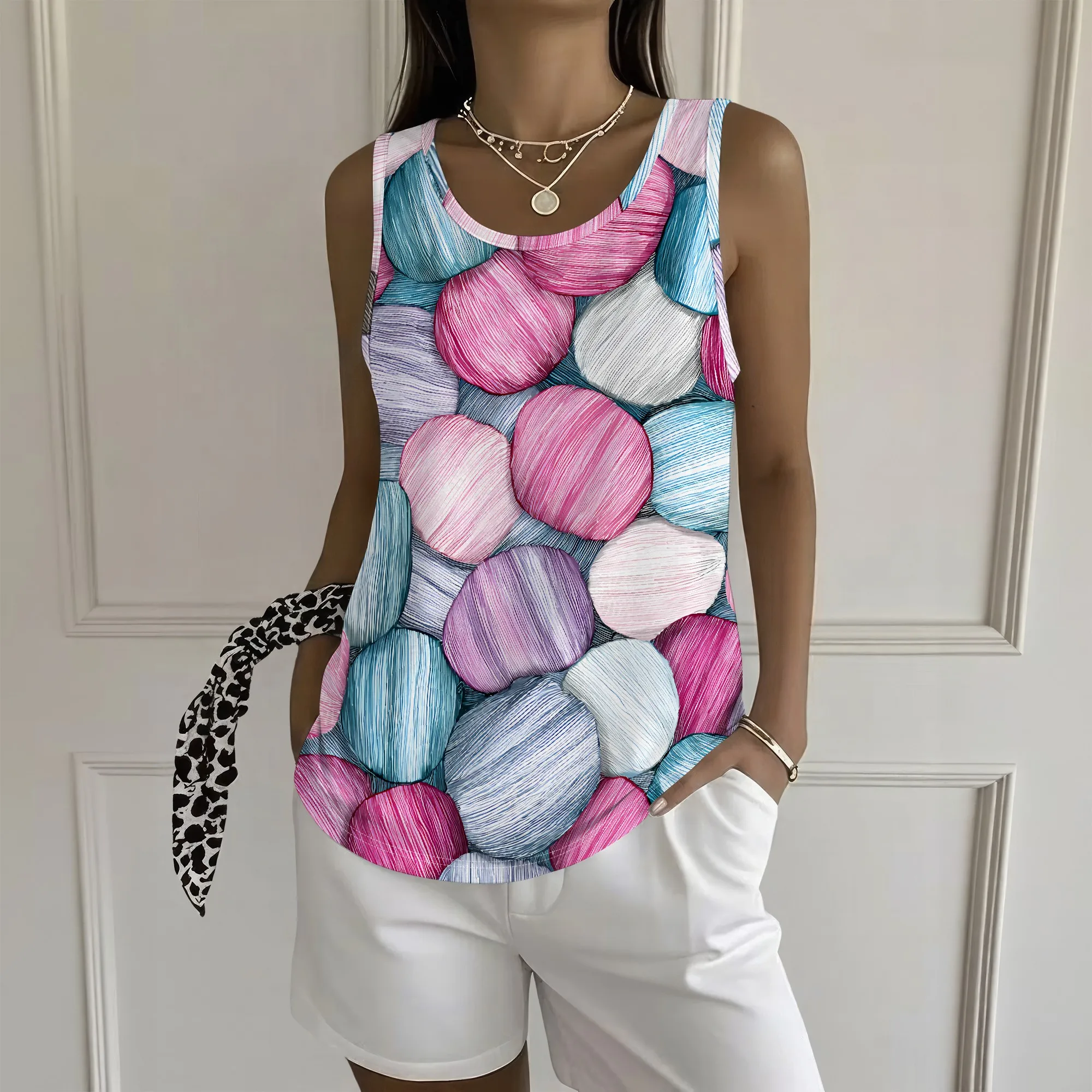 Yarn Print Tank Top, Knitting Pattern Sleeveless Shirt, Crochet Lover Tee, Artistic Graphic Blouse, Summer Casual Wear, S-2XL