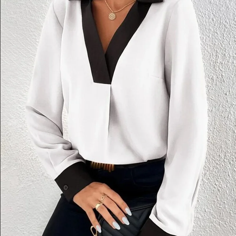 2023 New Women\'s Clothing Summer V-Neck Long Sleeve Loose Thin Commuter Fashion Casual Commute Contrast Color Modern Shirt