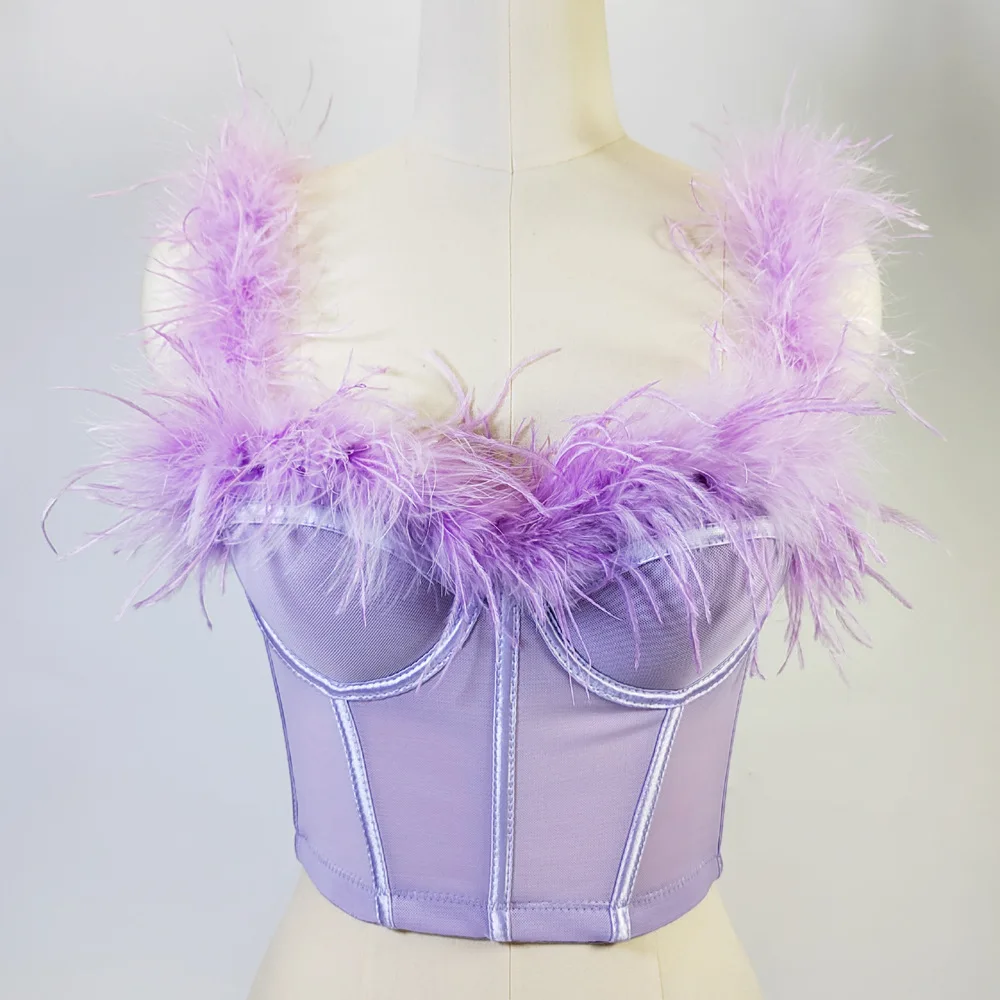 Ostrich fur Bustier Bra Women Sexy Backless Cropped Top Carnival Feather Camisole Female nightclub party Tank Tops Y4548